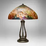 Handel, Teroma table lamp with roses and butterflies, c. 1919, reverse-painted Chipped Ice glass, patinated metal