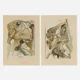 Legs; At the Edge of the Seventh Bolge (two works from the Divine Comedy portfolio: Inferno - The Nine Circles of Hell) by Salvador Dalí, 1960, wood engraving in colors, sold Nov 2023