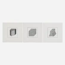 Three works from the Twelve Forms Derived From a Cube series by Sol LeWitt, 1984, screenprint on Arches 88, sold Nov 2023