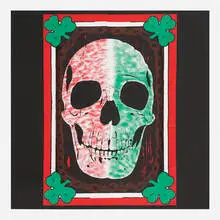 Emerald Eyehole Tablecloth by Mike Kelley, 1993, screenprint in colors on cotton, sold Aug 2024