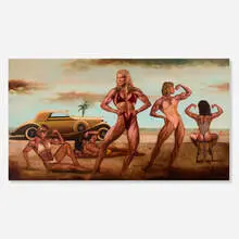 Guy Johnson, Beach Fashions for Strong Women, 1989, oil on printed paper on aluminum