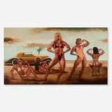 Guy Johnson, Beach Fashions for Strong Women, 1989, oil on printed paper on aluminum