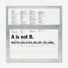 Thomas Locher, Langue/Parole (Window 2) (A is not B. Master and Slave are Not the Same), 1998, screenprint on glass, aluminum construction