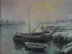 A. Feremans, Boats on River, Oil on canvas