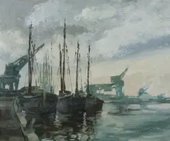 Emile Lammers, Boats in Harbor, Oil on canvas