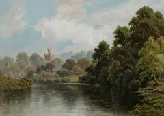 Robert Mann, River with Distant Castle, Oil on panel