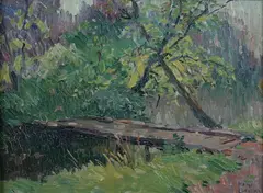 Henri Logelain, Bridge in Wooded Landscape, Oil on panel