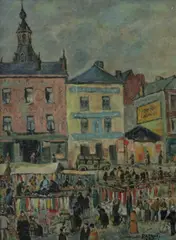 Raphaël Dubois, Market Square, Oil on canvas laid on board