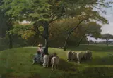 Lady Knitting Under a Tree with Flock of Sheep by French School, LADY KNITTING UNDER A TREE WITH FLOCK OF SHEEP, oil on canvas, sold May 2012