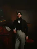 Alphonse de Marbaix, Elegant Gentleman Standing at Desk with Quill Pen, Oil on panel