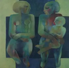 Khaled Almaz, Two Seated Female Nudes with Child, Acrylic on canvas