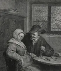 Adriaen van Ostade, Untitled, MAN AND WOMAN SEATED AT A TABLE, engraving after Claes Jansz Visscher, fourth state with trimmed margins in good conditon