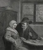 Adriaen van Ostade, Untitled, MAN AND WOMAN SEATED AT A TABLE, engraving after Claes Jansz Visscher, fourth state with trimmed margins in good conditon