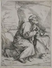 Jusepe de Ribera, Penitence of St, PETER, etching, first state with margins in very good condition