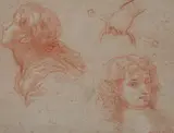 French School, STUDY OF TWO HEADS AND HAND, red chalk, STUDY OF TWO HEADS AND HAND, red chalk