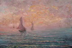 J. Defresne, Sailboats at Dawn, Oil on canvas