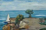 E. Wantecci, Coast with Sailboat, Oil on canvas