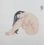 He Jia Ying, Untitled, CROUCHING NUDE, ink and color on paper scroll, signed and sealed