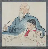 Jiang Zhao He, Untitled, GRANDFATHER AND GRAND DAUGHTER, ink and color on paper scroll, signed and sealed
