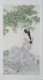 He Jia Ying, Untitled, FEMALE FIGURE UNDER A GRAPE TREE, ink and color on paper scroll, signed and sealed