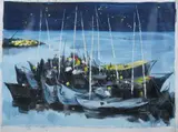 Wu Guan Zhong, Untitled, BOATS IN NIGHT BAY, oil painting on cloth, signed