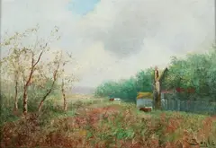 George A. Boyle, Cows in Spring Landscape, Oil on board