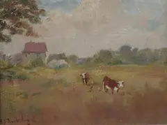 Edward B. Rowland, Pastoral Landscape with Cows and House, Oil on canvas