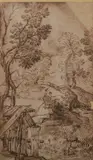 Italian School, LANDSCAPE WITH WOOD SHED, sepia drawing, Pencil inscription at bottom of mat, "Knowles Collection" and "Wellesy Collection #1606"
