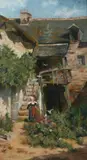 Continental School, Lady with Doves on Manor House Stairs, LADY WITH DOVES ON MANOR HOUSE STAIRS, oil on canvas mounted on board