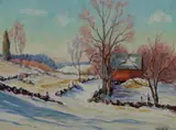 Charles W. Hill, Red Barn in Snowy Massachusetts Landscape, Oil on board.