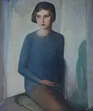 Norman G. Wright, Portrait of Young Woman in Blue, Oil on canvas