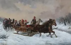 J. Linsrski, Horse Drawn Sleighs, Oil on canvas