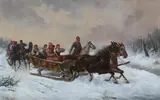 J. Linsrski, Horse Drawn Sleighs, Oil on canvas