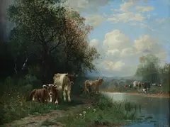 Karl Eugene Felix, Cows at Creek, Oil on canvas