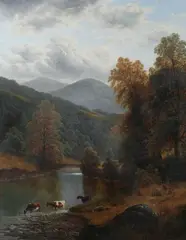 William Mellor, Cattle Drinking at Mountain Stream, Oil on canvas