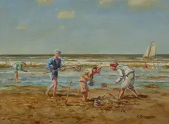 Cornelis Koppenol, Building Sand Castles at the Beach, Oil on panel