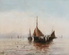 James Webb, Fishing Boats Off Coast, Oil on canvas