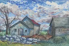 Henry Rolider, Barns with Stone Wall, Watercolor