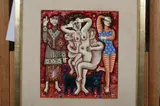 Clawson, Nude Figures and Cat, Oil on tile.