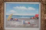 Beach Scene with Children and Umbrellas by American School, Oil on canvas, offered Jul 2012