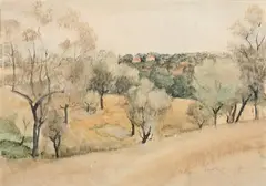 Olga Sacharoff, Landscape with Distant Town, Watercolor