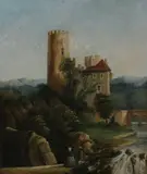 Couple by Waterfall in Front of Castle by Continental School, COUPLE BY WATERFALL IN FRONT OF CASTLE, oil on canvas, sold Sep 2012