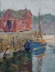 Wilbur Fisk, Red Boathouse with Sailboat at Dock, Oil on board
