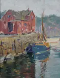 Wilbur Fisk, Red Boathouse with Sailboat at Dock, Oil on board