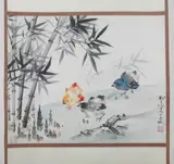 Liu Zi Gu, Untitled, CHICKENS UNDER BAMBOO, ink and color on paper scroll, signed and sealed
