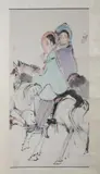 Cheng Shi Fa, Untitled, GIRLS ON HORSES, ink and color on paper scroll. signed and sealed