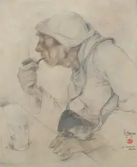 Nicolas Eekman, Le Fumeur Attable, Pencil and watercolor