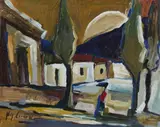 N.Y. Lardese, Umbrella Pines, Oil on board