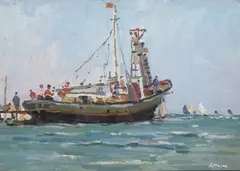 Leonid Malik, On a Seiner, Oil on board