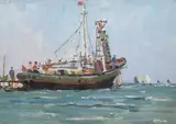 Leonid Malik, On a Seiner, Oil on board